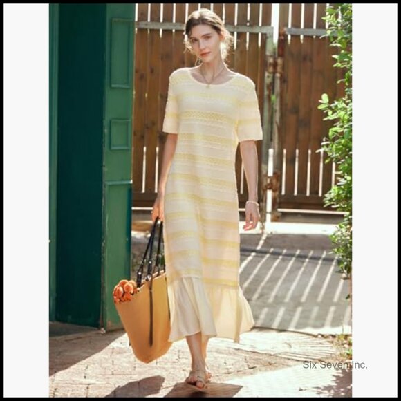 Striped Knitted Midi Dress, Viscose Nylon Blend, Casual Bohemian - Picture 6 of 7